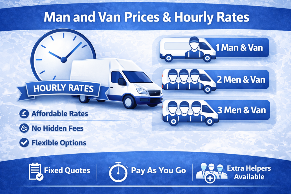 Man and Van Old Ford prices and hourly rate infographic showing moving service options