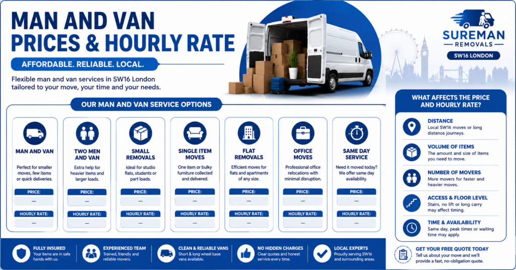 Man and Van SW16 London prices and hourly rate infographic with moving service options