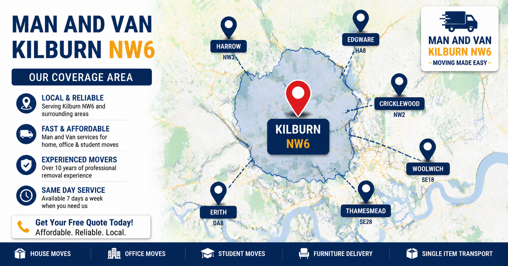 Map showing service areas for Man and Van Kilburn NW6