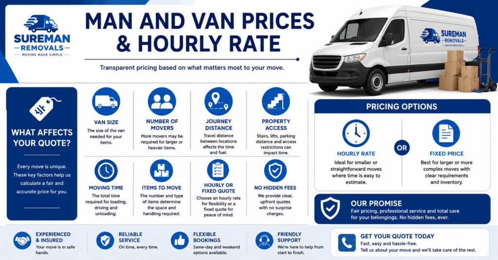 Blue and white Man and Van CR2 London prices and hourly rate infographic