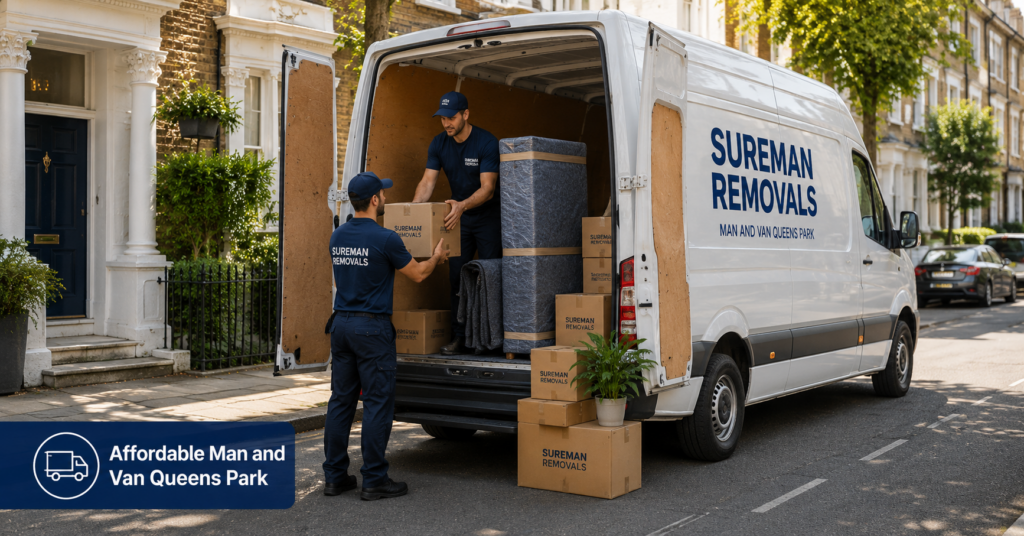 Man and Van Queens Park team loading boxes into a moving van for a low budget move
