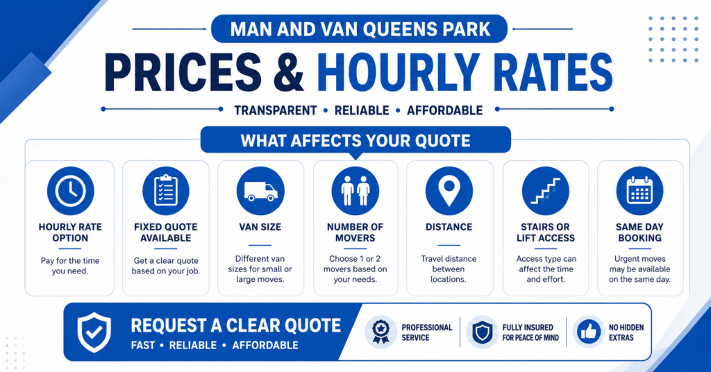 Man and Van Queens Park prices and hourly rates infographic explaining quote factors

