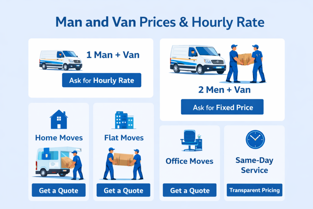 Infographic showing man and van services and flexible hourly rates in Chiswick