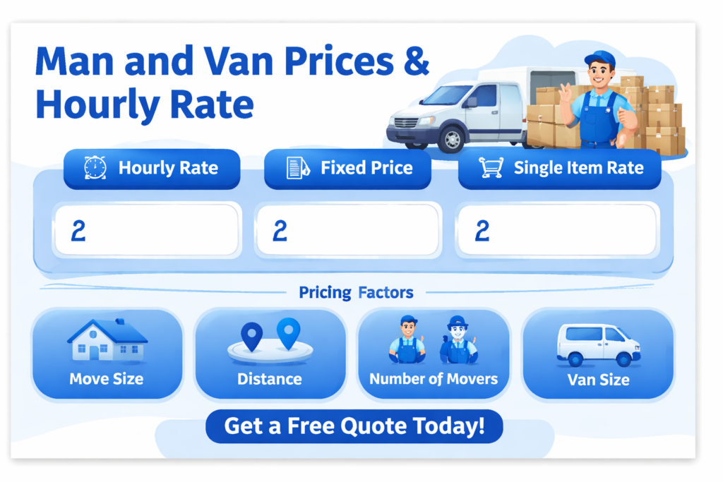 Infographic displaying man and van services and flexible hourly rates in Van Chingford