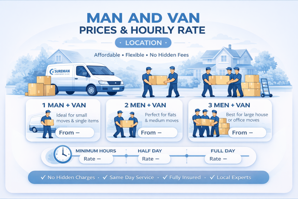 Infographic showing man and van services and hourly rates in Chingford E4