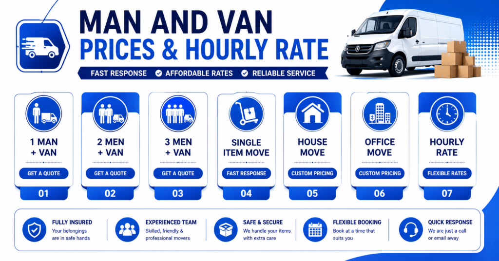 Infographic showing man and van Crystal Palace hourly rate and service tiers