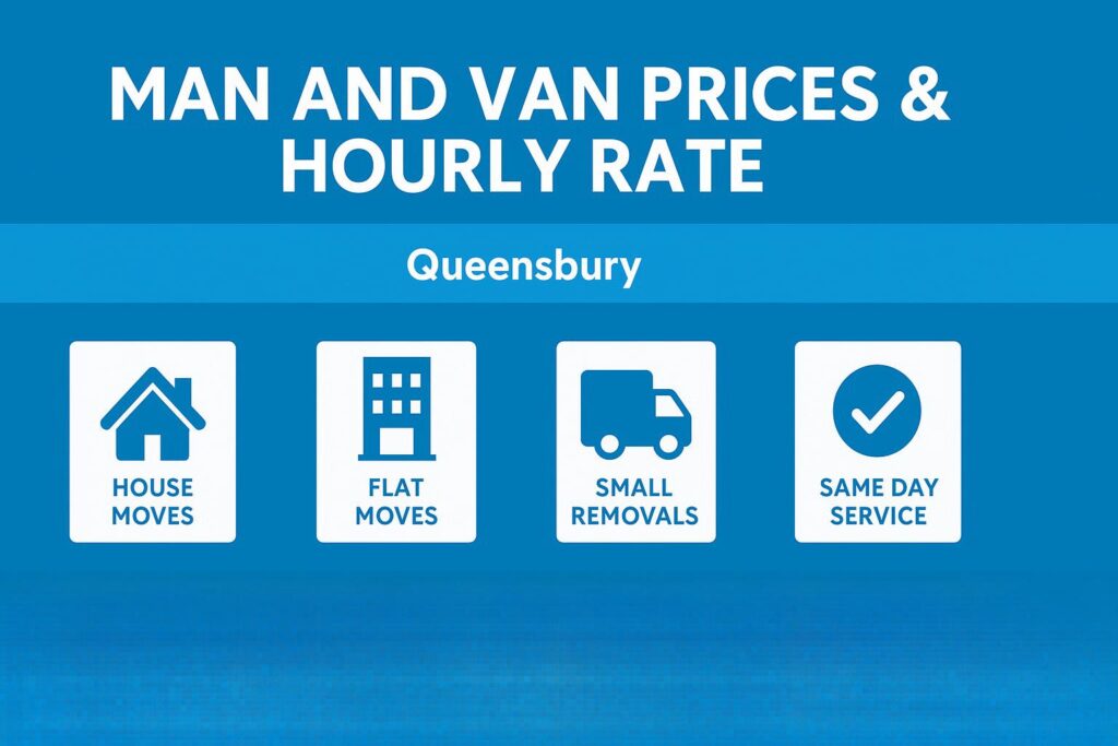 Man and van Queensbury prices and hourly rate infographic for house moves, flat moves, and small removals