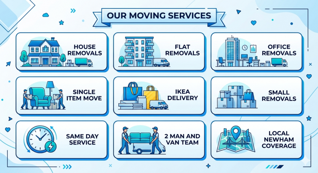 nfographic showing man and van Newham services including house removals, flat removals, office moves, single item transport and same day service