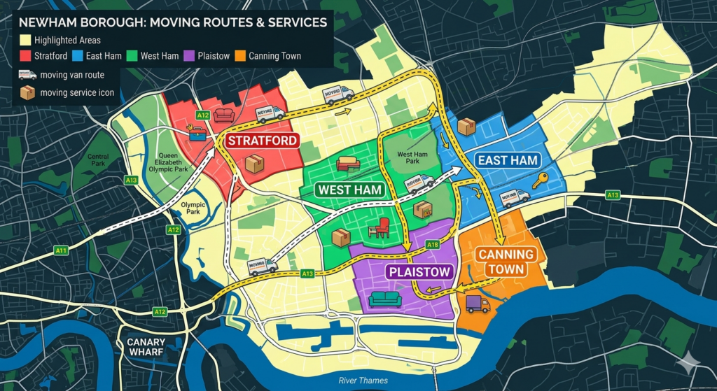 Map showing man and van Newham coverage including Stratford, East Ham, West Ham, Plaistow, Canning Town and surrounding areas