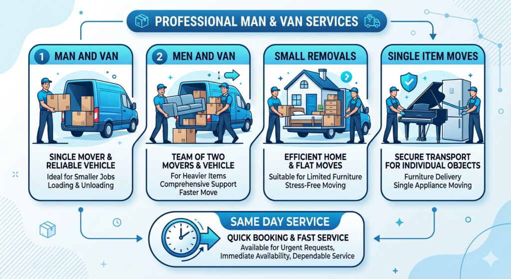 Man and van North Finchley N12 prices and hourly rate infographic with service options