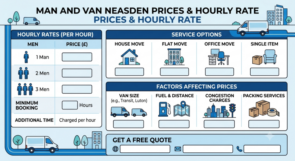 Infographic showing man and van services and pricing for Neasden