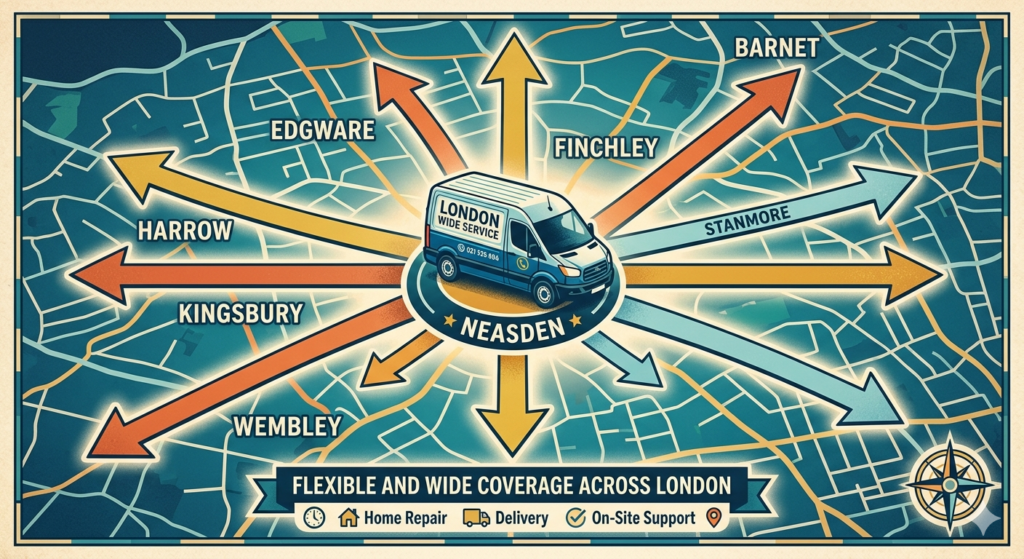 Man and van van showing coverage across Neasden and nearby London areas