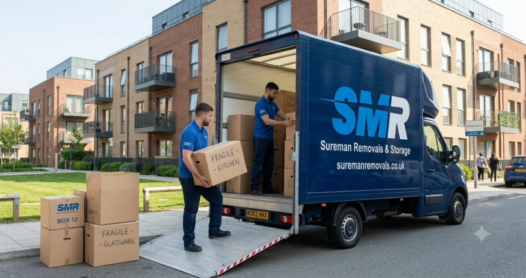 Man and Van North Finchley movers loading wrapped boxes into a removal van