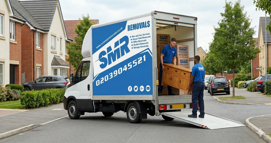 Man and van Neasden outside a residential home with movers and packed boxes