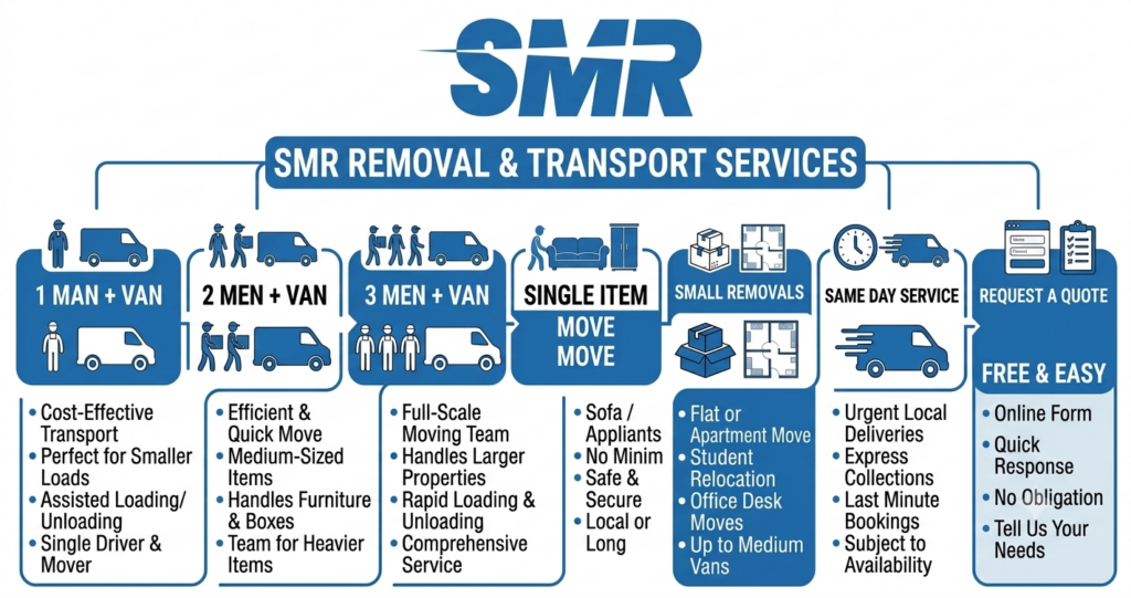 Infographic showing man and van Osterley TW7 services including house removals, office removals, single item moves and same day service
