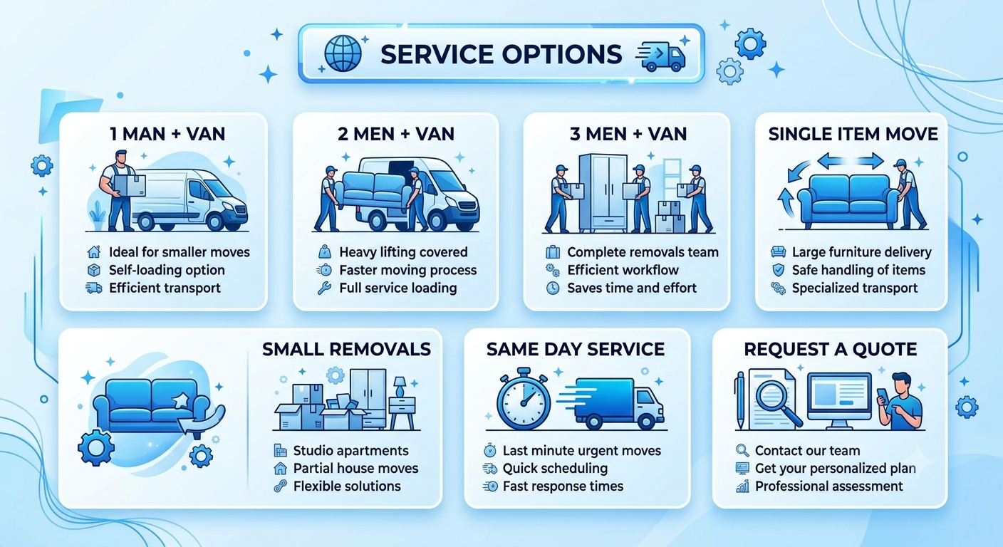 Man and Van Old Ford E3 prices and hourly rate infographic with service options