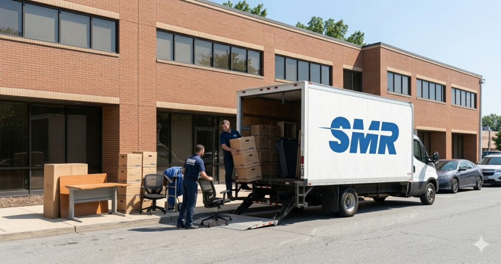 Professional office removals team moving boxes and office furniture in Osterley TW7